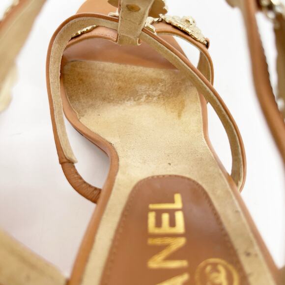 Chanel EU 37 2012 Cruise Tan Leather Camellia Flower T-Strap Cork Wedge Sandals - Picture 14 of 16